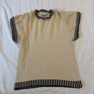 St. John Cream Knit Short-Sleeve Sweater with Black Trim